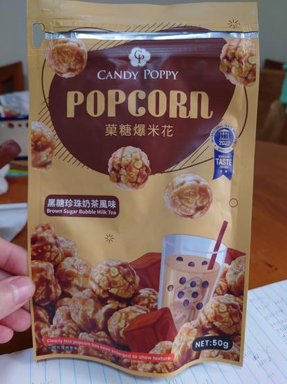 A bag of brown sugar bubble milk tea flavored popcorn.