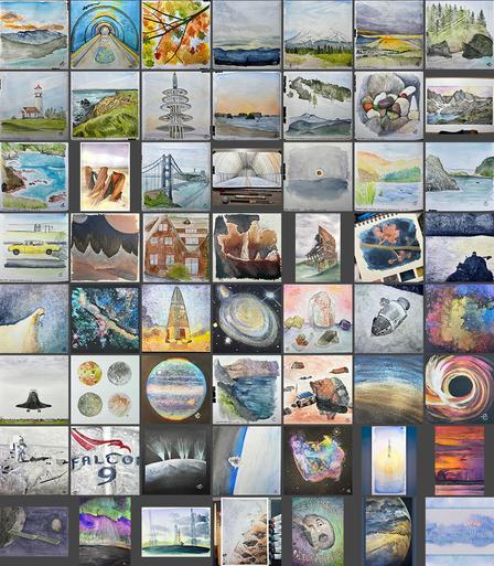 A grid of 56 watercolor paintings, in eight rows of seven, of landscapes, human spaceflight, and space topics.