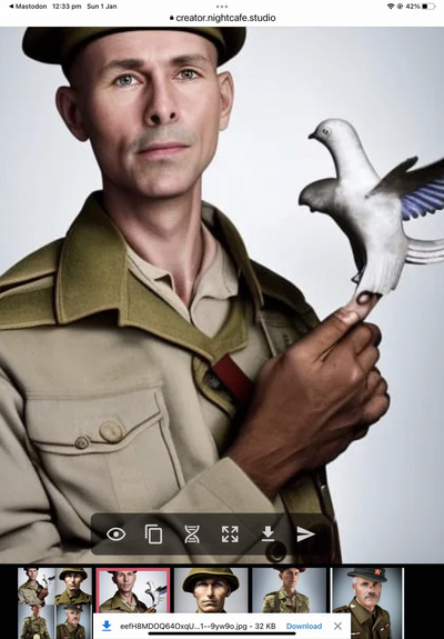 AI generated image of western front soldier with a peace dove. He has six fingers.