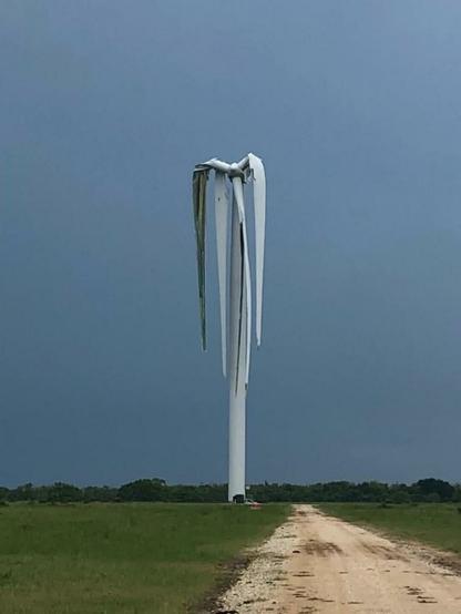 a wind turbine with it's rotor blades hanging down resembling a dying houseplant