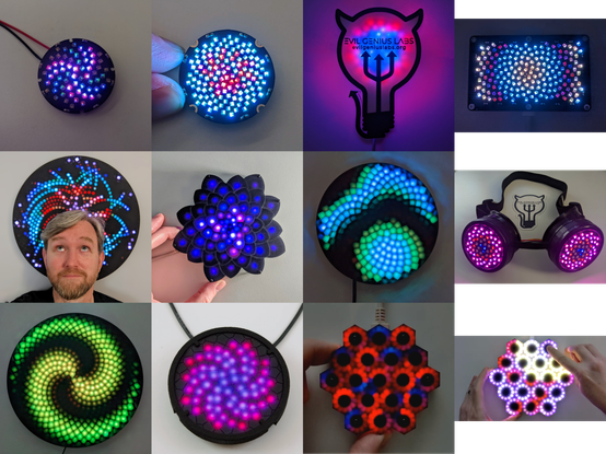 A grid of images, showing my LED projects. Lots of colorful Fibonacci projects that look like flowers. Tiny, coin-sized Fibonacci LED PCBs. A back-lit Evil Genius Labs logo that looks like a light bulb with horns. A credit-card sized rectangular Fibonacci LED PCB. Fibonacci LED goggles. Two projects, one small handheld, the other larger, with LEDs arranged in rings, then the rings arranged in a hexagonal, honey comb pattern.
