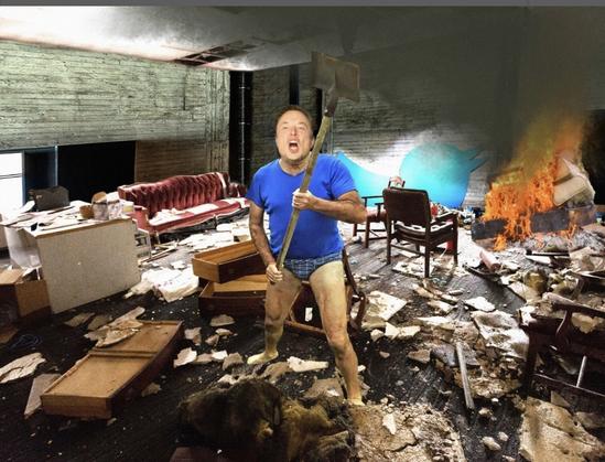 Musk standing in a trashed room in his underwear looking like the madman he is.