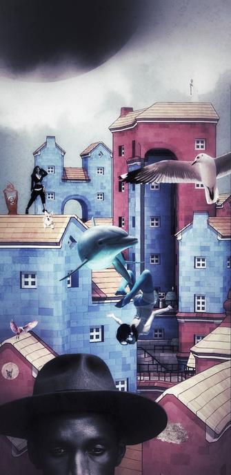 Collage digital: tras la cabeza en primer plano de un hombre con sombrero, un grupo de figuras humanas y animales pan y flotan en un paisaje urbano simulado.

Digital collage: behind the head of a man in a hat, human and animal figures pose and float over a simulated cityscape.