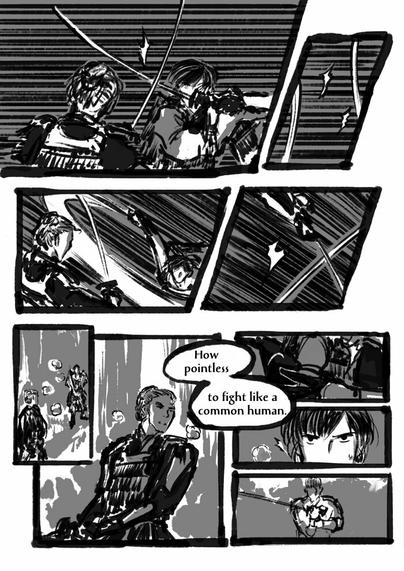 First page preview of fight / flight part 2, a comic drawn in a digital ink-brush style with greyscale shading. Two men dressed in Kamakura period-style armor (Hokushin and Otake) clash swords. After a while of dueling, they split apart, both panting. Otake: "How pointless to fight like a common human." He clasps his sword wrist with his opposite hand. Hokushin cautiously takes note of the movement. The area around the gauntlet/bracer Otake is clasping glows