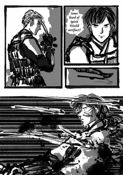 Second page of fight / flight part 2. Otake releases his grip on his wrist. Hokushin wonders: (Some kind of Spirit World artifact?) Unexpectedly, a sudden blast of organically shaped energy spikes slice through Hokushin