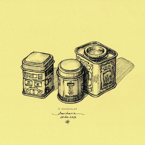 drawing of 3 tea caddies, sketch on yellow paper