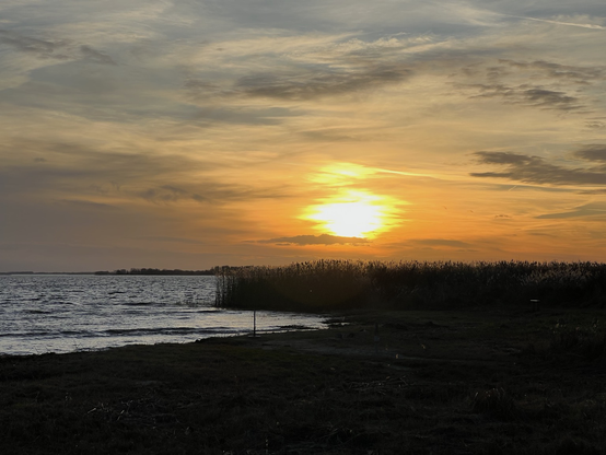 Untergehende Sonne am Neujahrstag am achterwasser, mit Schilf und orangenen Töne mit grau von den Wolken.