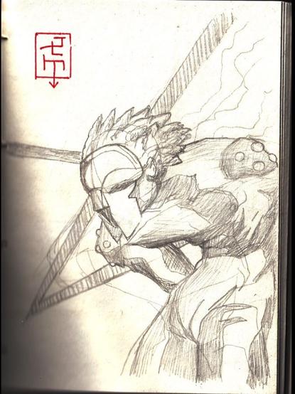 A pencil drawing of a muscular barbarian-like figure, bent over forward, with a blank and vicious metal mask covering its face. It’s attire is unclear, except for shoulder pads with metal studs.