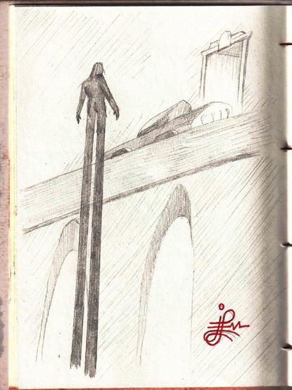 A pencil drawing of a dark figure being lifted up in naturally extended legs, allowing him to stand beside an elevated road with a single car, an art deco-styled vehicle, parked beside an open door.