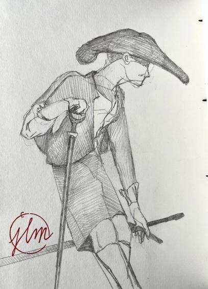 A pencil drawing of a figure leaning forward, resting an arm on a staff, and bearing in the other hand a sword held back, looking like it’s being dragged, or supported by something out of frame. He is dressed in cape and gloves, a dandy, with a broad hat keeping his eyes in shadow.