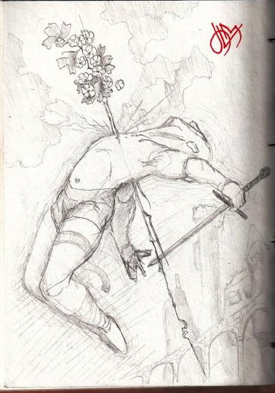 A pencil drawing of a figure with its head thrown back, suspended in the air (no ground is visible), pierced through the torso by a straight narrow branch terminating in a burst of flowers. There is the vague suggestion of a city with some kind of highway or aqueduct in the background.
