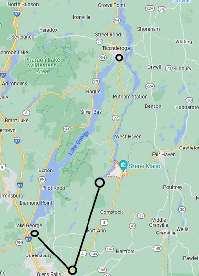 A map of the area between the Hudson River and Lake Champlain. It has markers at Glens Falls, the Southern end of Lake George, the southern end of Lake Champlain at Whitehall, and the northern end of Lake George at Ticonderoga