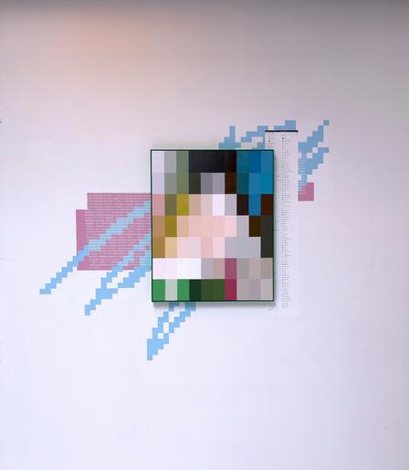 painting with collage of self adhesive vinyl behind it on the wall