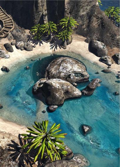 A 3d rendering of a picturesque blue lagoon with two large rocks jutting out at the center. The lagoon is wrapped in a sandy mountainous area with palm-like trees. A stone staircase disappears into the distance.