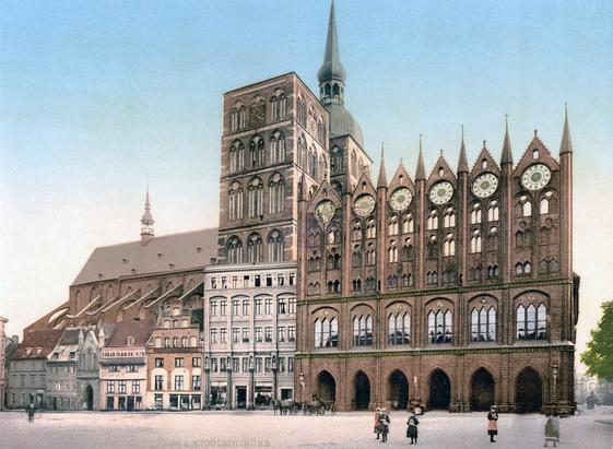 The Town Hall and St. Nicholas Church in Stralsund, Western Pomerania, Germany - a photochrom print from the 1890s