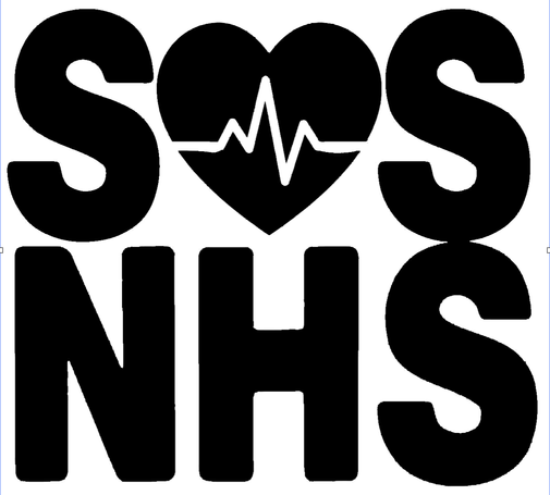 The SOS NHS Logo in black print with "SOS" above "NHS" and the O represented by a heart with a cardiogram running across it.