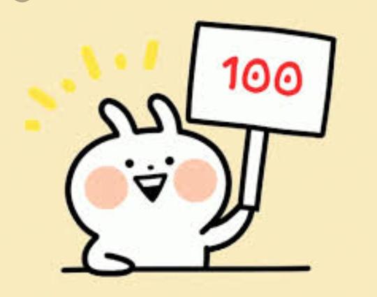 Cartoon drawing of a joyful bunny holding a sign stating "100"