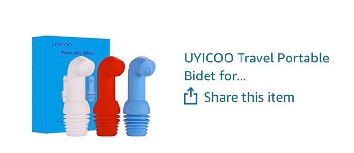 Three, color-coded, plastic tops that can screw into about any size plastic bottle. They have a crook at the top so that you can easily hold the bottle facing downward and use it as a portable bidet.