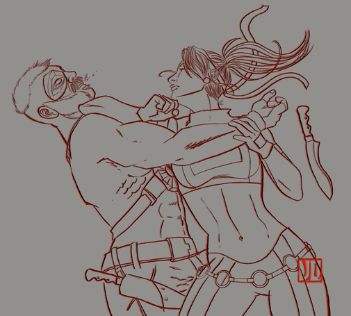 A drawn, pencil piece of Kano getting a faceful of elbow from Sonya Blade. Favorite enemies! hehe