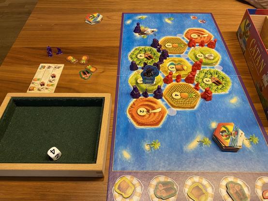 Catan Junior Kinderspiel nach Spielende. Lila hat gewonnen…
