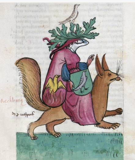 a medieval drawing of a women knight with birds, on a giant squirrel's back
