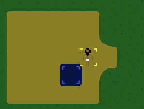 The ancient human stands next to a small pond.