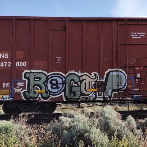 Train car with graffiti rolling through Kamloops, BC, Canada