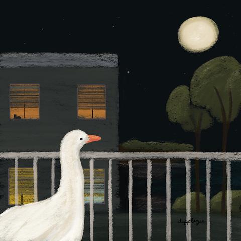A drawing of a night scene in digital pastels, showing a goose looking at the almost-full moon from a suburban balcony.