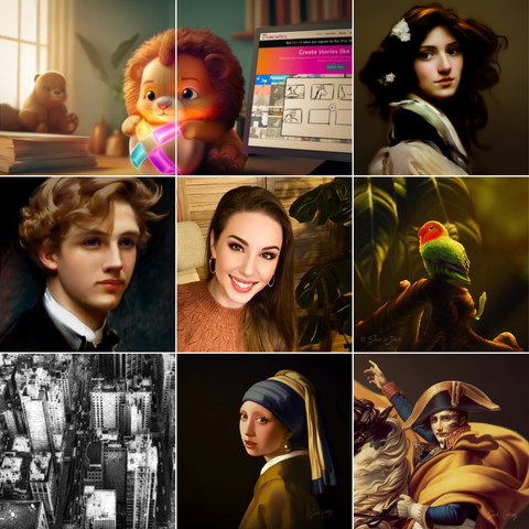Art vs. Artist. 3×3 grid image. Upper left and upper middle is an illustration of lion and teddy bear stuffed toys on a desk next to a monitor featuring the Story Xperiential logo and website. Upper right is a old-fashioned painterly style portrait of a young lady. Middle left is also an old fashioned painterly portrait, but of my husband. Middle square is a photo of me. Middle right is a little red and green bird in the jungle. Lower left is looking down at a city, in 'scribble art' style. Lower middle is a study of Vermeer's Girl with a Pearl Earring. Lower Right is a study of Jacques Louis David's Napoleon Crossing the Alps painting. Drawn by Sarah Lindsay.