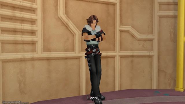Leon leans against a wall in Traverse Town