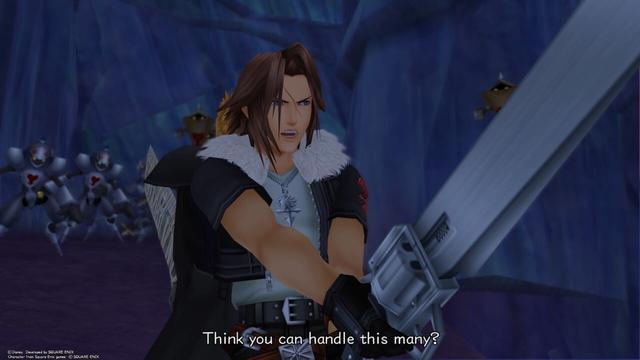 Leon and Cloud stand back to back, looking at Leon and his gun blade drawn. They are in a canyon, surrounded by Nobodies.