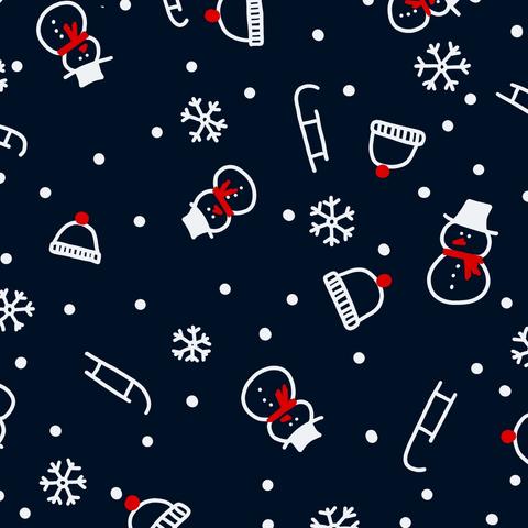 Collection of small winter objects: Snowflakes, snowmen, sleighs and beanies. Dark blue background and small white dots as snowflakes between everything. Small highlights are in red.