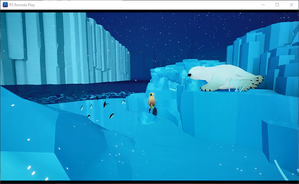 Screenshot aus Abzû, Wir sehen die Spielfigur auf einer Eisscholle mit Pinguinen und einem Kuschelbär