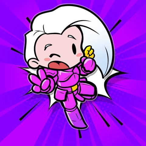 Super deformed chibi-drawing of Fulgrim in front of a purple comic-burst-background. He's winking at the viewer and making the victory-finger-gesture.