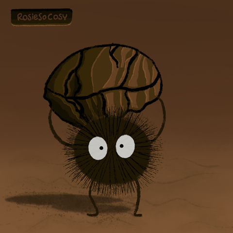 An illustration of a Soot Sprite (Susuwatari / すすワタリ) carrying a lump of coal above its head, like in the Spirited Away movie, but in my own style.