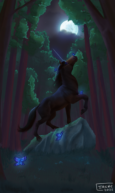 Digital painting: unicorn in a forest at night (2022)