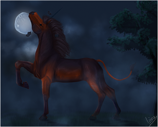 Digital painting: unicorn in a forest at night (2020)