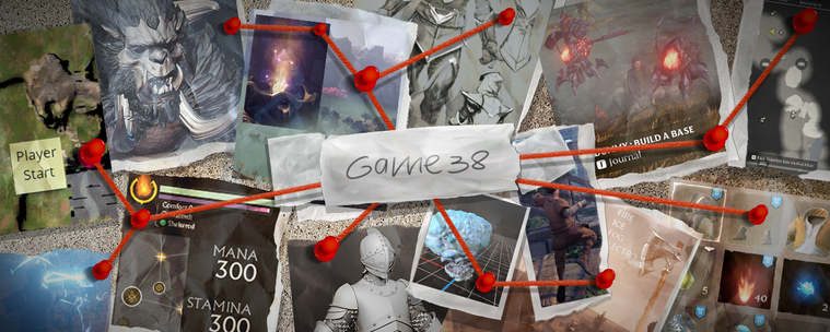 A smorgasbord of visuals on a cork board, pinned and linked with red thread. It looks like the ramblings of a possessed person.