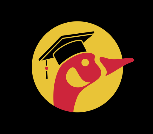 Red goose head in black mortarboard on gold background. Logo for OrganizeUW campaign.
