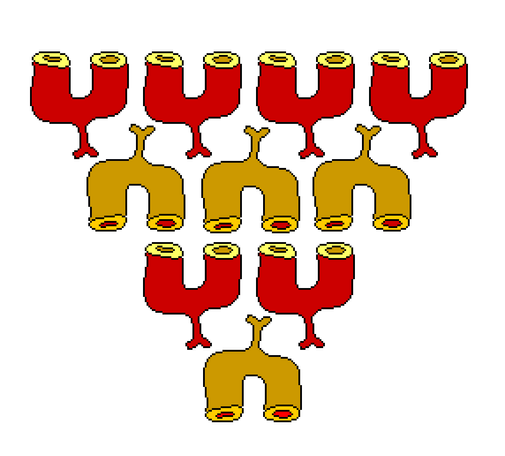 Pixelart doodles of alternating rows of red and yellow arterial tissue, decreasing in number and depicting an inverted pyramid.