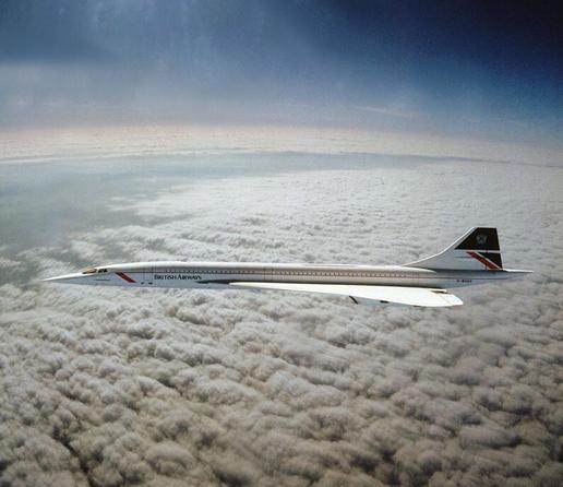 A now-ground British Airways supersonic Concorde jet flies above the clouds. It has a very pointy nose and delta-shaped wings. You can see the curvature of the earth in the background. The sky is almost black above it because it is flying so high.