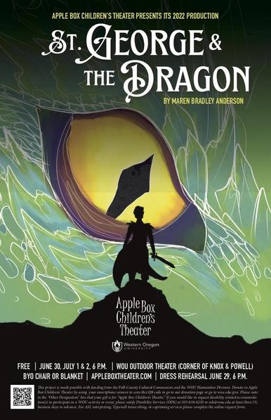 Poster for ABCT's St. George and the Dragon with a small person with a sword standing in front of a huge dragon's eye. My kid designed it, and I think it's pretty cool.