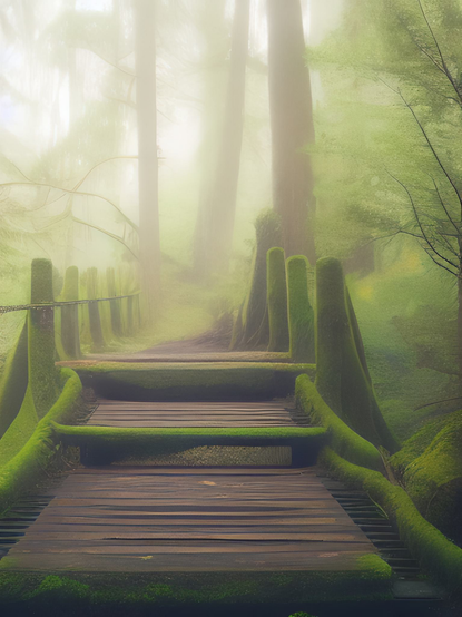 Ein mit Moos bewachsener Steg im nebligen Wald.