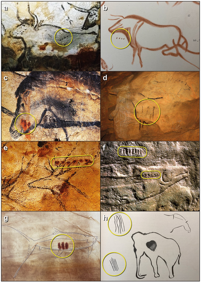Examples of animal depictions associated with sequences of dots/lines. (a) Aurochs: Lascaux, late period; (b) Aurochs: La Pasiega, late; (c) Horse: Chauvet, late (we differ in opinion with the Chauvet team, for whom it would be early); (d) Horse: Mayenne-Sciences, early; (e) Red Deer: Lascaux, late; (f) Salmon: Abri du Poisson, early; (g) Salmon (?): Pindal, late; (h) Mammoth: Pindal, early.