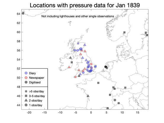 Map showing locations of available measurements of pressure
