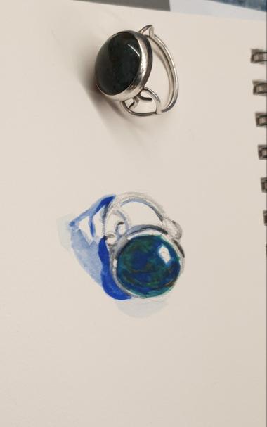 Watercolour sketch of a silver ring with a greeny blue circular stone. The ring used as inspiration is shown.