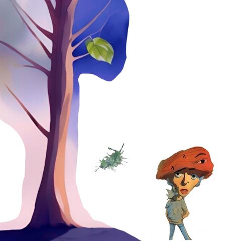 Illustration of a man wearing a funny hat whilst watching a leaf fall from a bare tree.