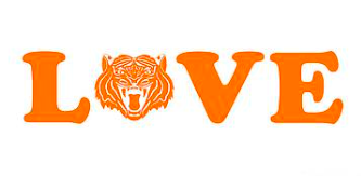 Love written in orange, with a tiger head as the letter O