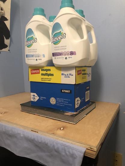 There are two large wooden boards on top of a horizontal surface.  On top of the boards are: a large book, a large box of office, paper, and for laundry detergent, jugs; these heavy items are piled one on top of the other on top of the boards. In between the two boards is a folded sheet. The question is, what is in between the folded sheet?