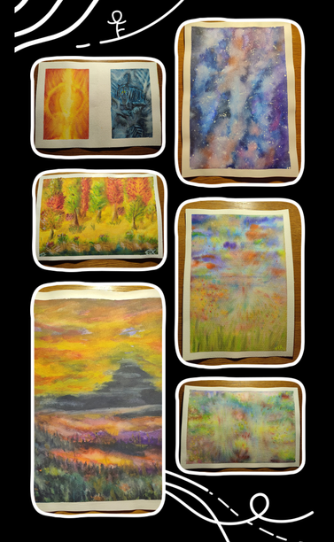 A collage of 6 of my paintings:
- A diptych of my paintings inspired by The Jain's Death ("rebirth", a geothermal explosion / fusion, and "death", a tiger stalking in the dark in a jungle)
- an abstract galaxy scene
- an autumn scene inspiref by a map from Baldur's Gate
- A floral field underneath a colourful sky
- Colourful hotsprings at the foot of a foggy mountain, surrounded by woodlands and marshes.
- An abstract explosion of colours in my "Neurons Firing" series.

The collage is border by line art by Shantell Martin, as part of Google One's bonuses for Google Photos.